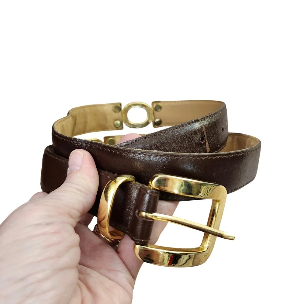 Classic Dark Brown Genuine Leather Belt with Gold Ring Accents Sz L Dk Academia‎